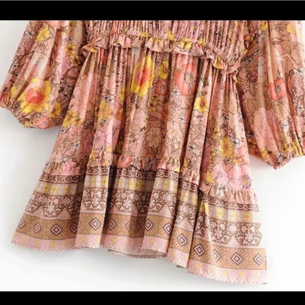 Gypsy Boho Floral Champagne And Pink Dress - Picture 8 of 14